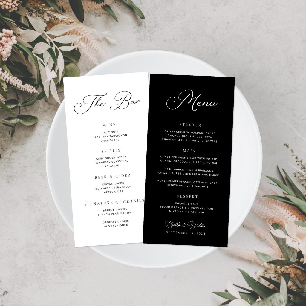 black and white wedding menu