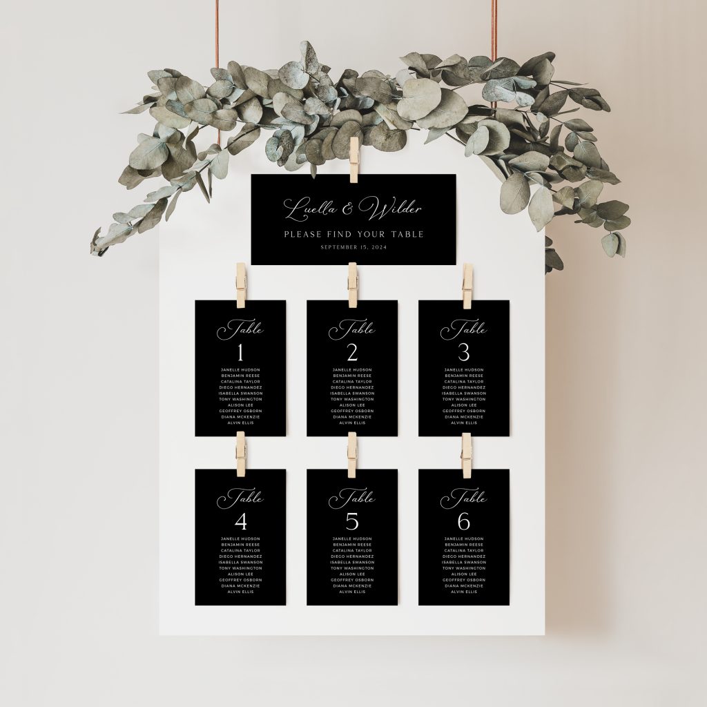 black and white wedding seating cards