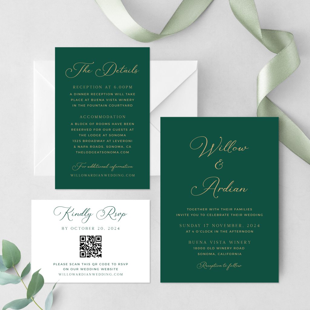 emerald green wedding invitation