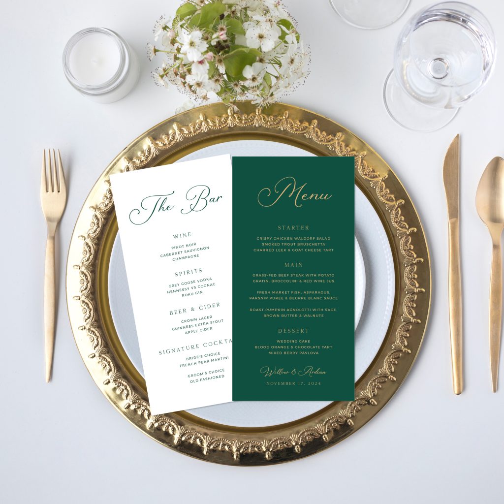 emerald green wedding menu