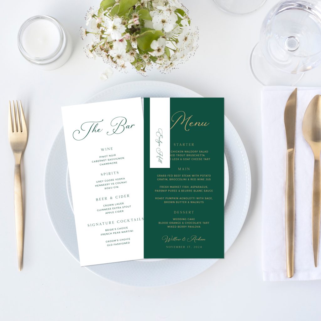 emerald green menu and slim place cards