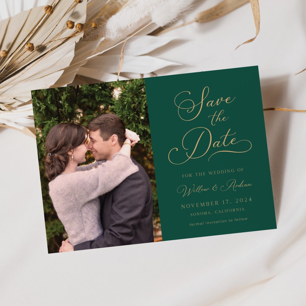 emerald green save the date photo card